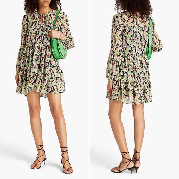 Cinq A Sept Dita Long Sleeve Floral Tiered Mini Dress Prickly Pear Size 4 - Picture 1 of 12